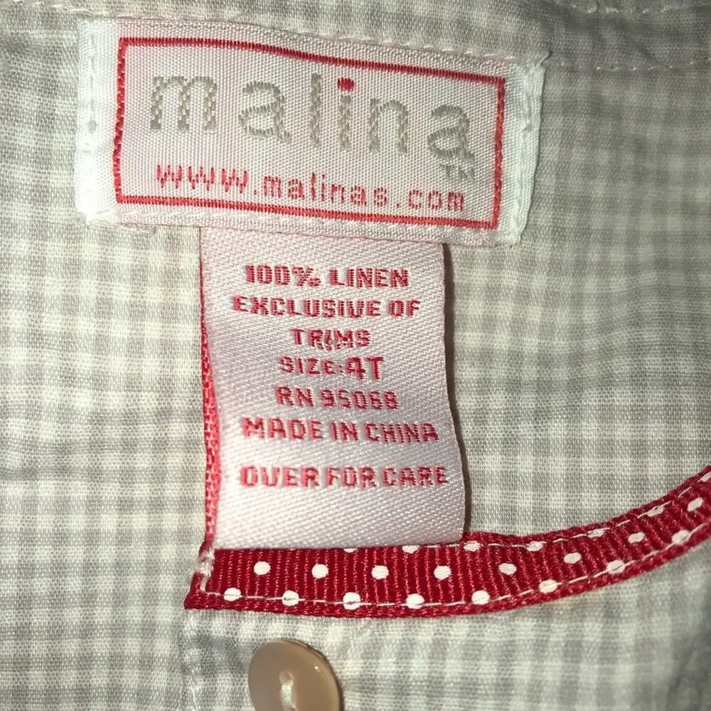 Malina Girls' Linen Dress White Red Embroidered Gingham Size 4T